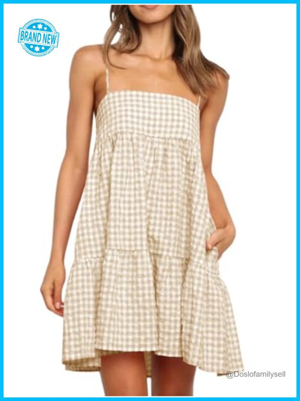 Womens Plaid Mini Dress Spaghetti Strap Sundress with Pockets Summer Beach